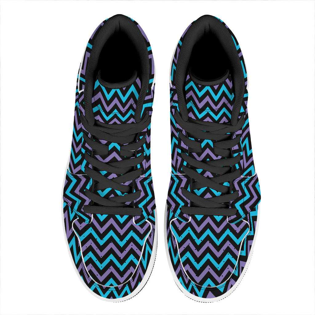 Blue Purple And Black Chevron Print High Top Leather Sneakers