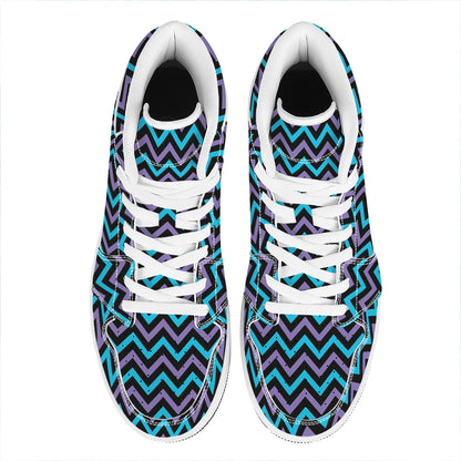 Blue Purple And Black Chevron Print High Top Leather Sneakers