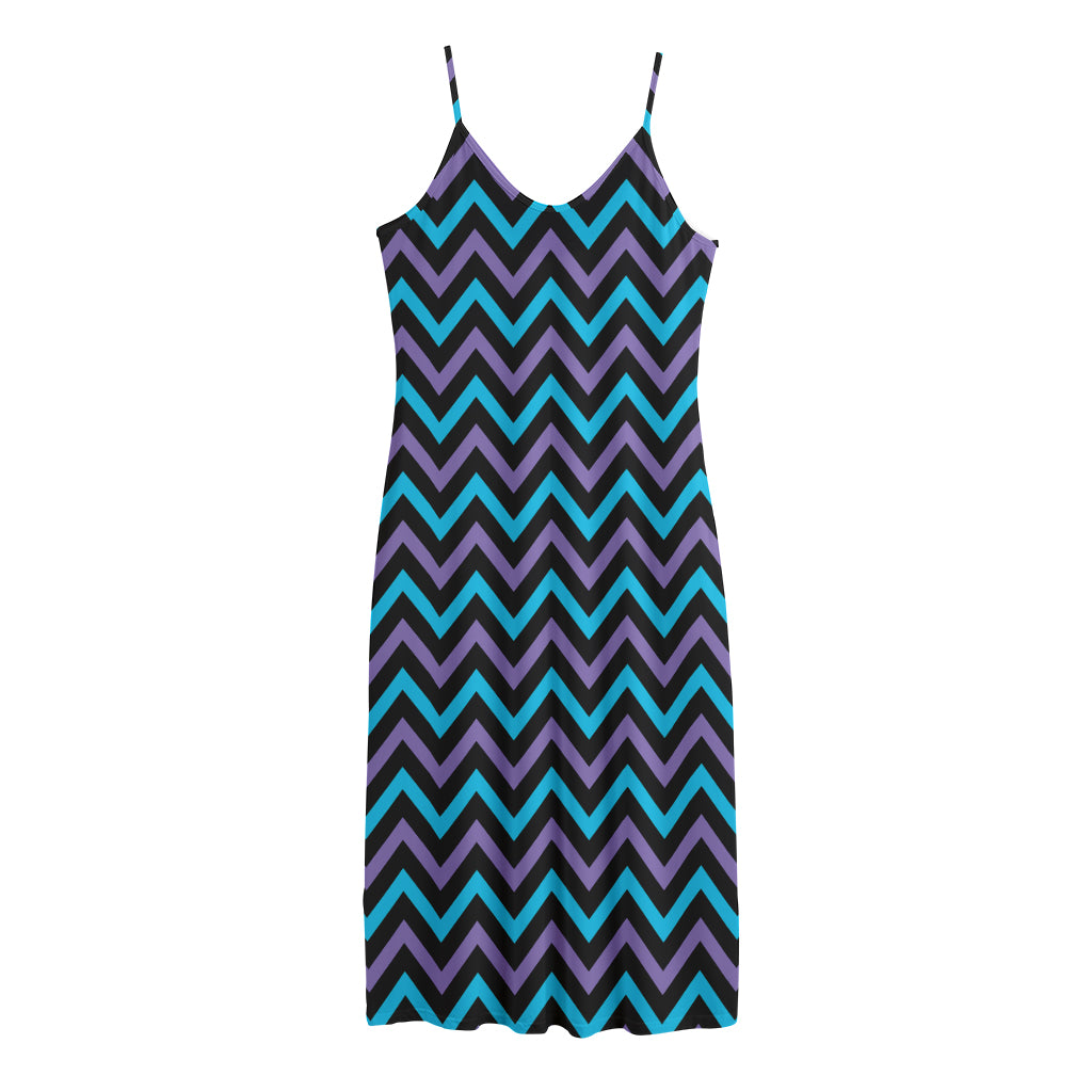Blue Purple And Black Chevron Print Jersey Midi Cami Dress