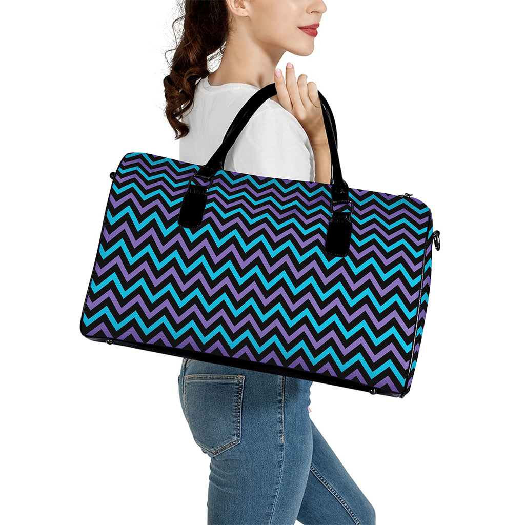 Blue Purple And Black Chevron Print Leather Duffle Bag