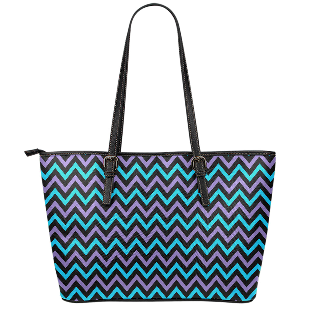 Blue Purple And Black Chevron Print Leather Tote Bag