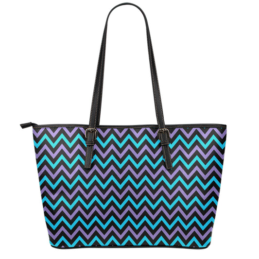 Blue Purple And Black Chevron Print Leather Tote Bag