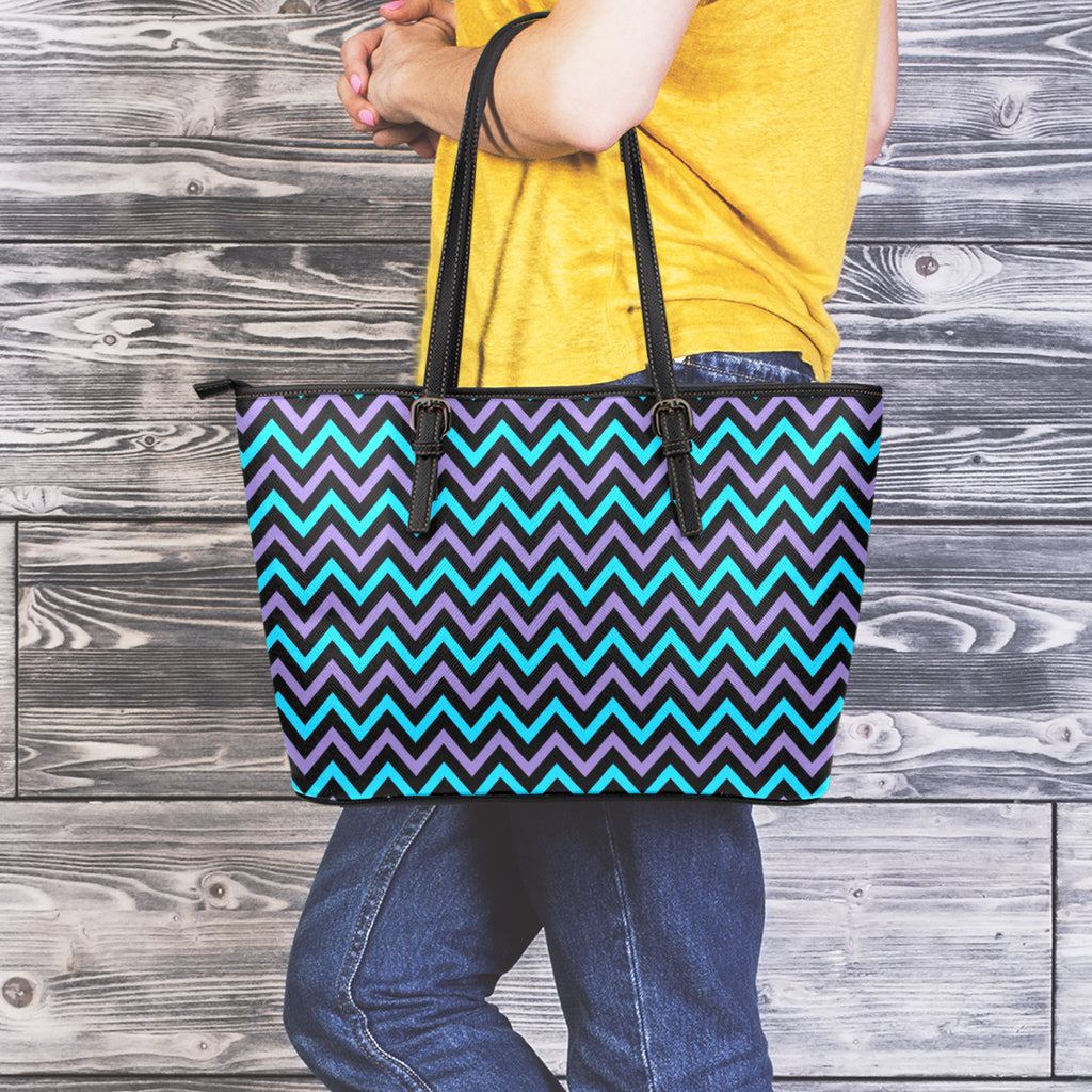 Blue Purple And Black Chevron Print Leather Tote Bag