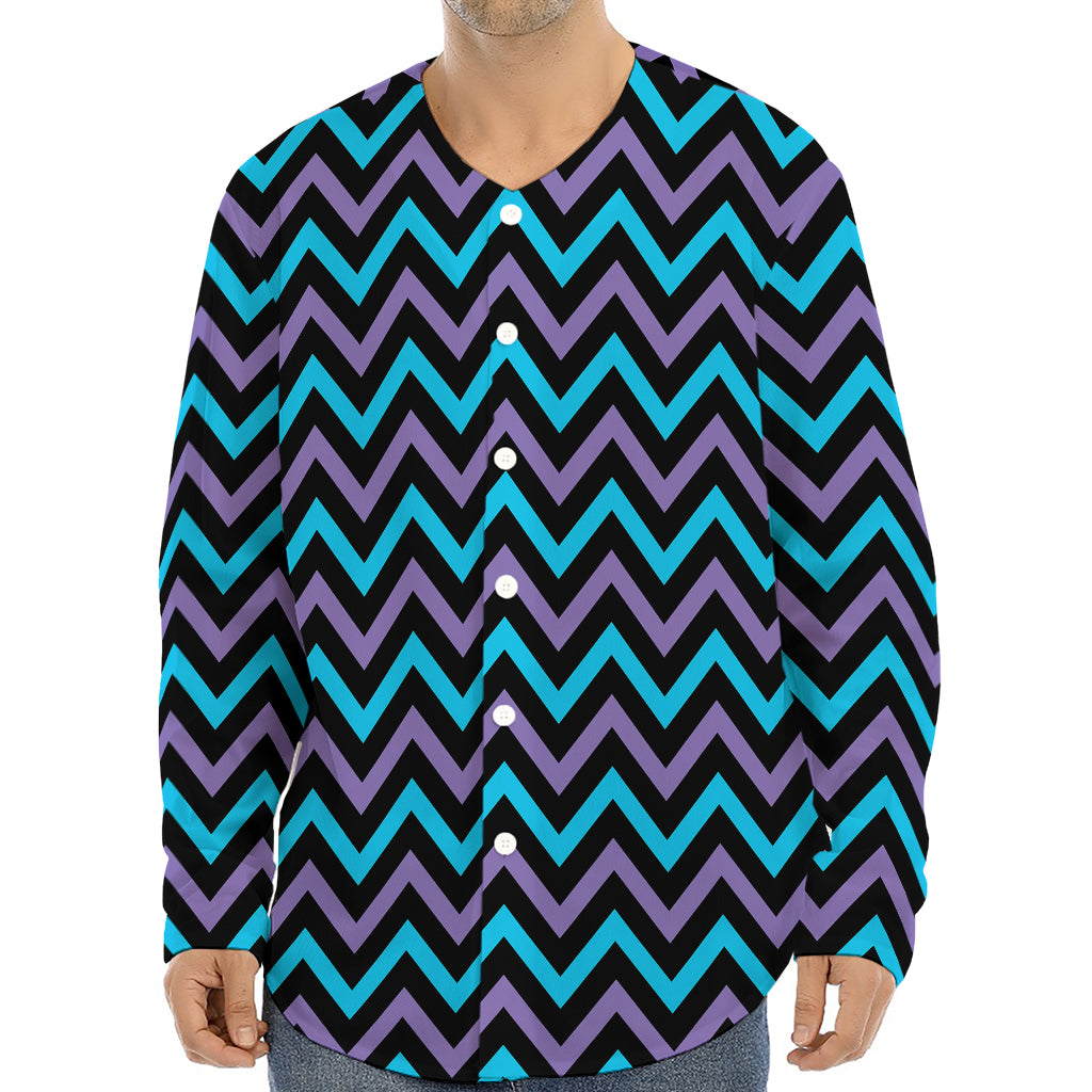 Blue Purple And Black Chevron Print Long Sleeve Baseball Jersey