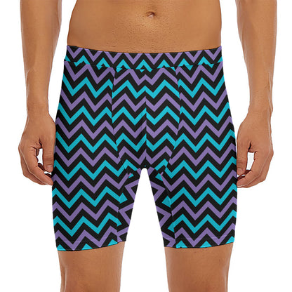 Blue Purple And Black Chevron Print Men's Long Boxer Briefs