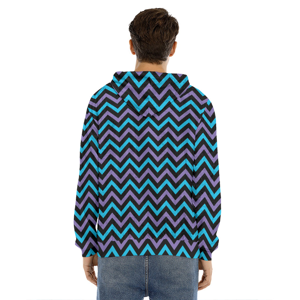 Blue Purple And Black Chevron Print Men's Velvet Pullover Hoodie