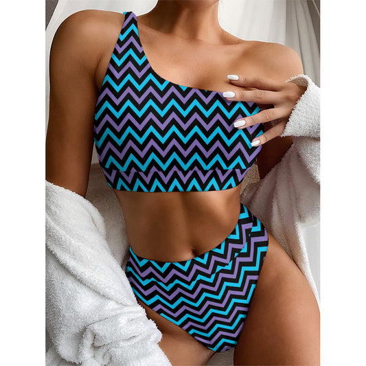 Blue Purple And Black Chevron Print One Shoulder Bikini Top