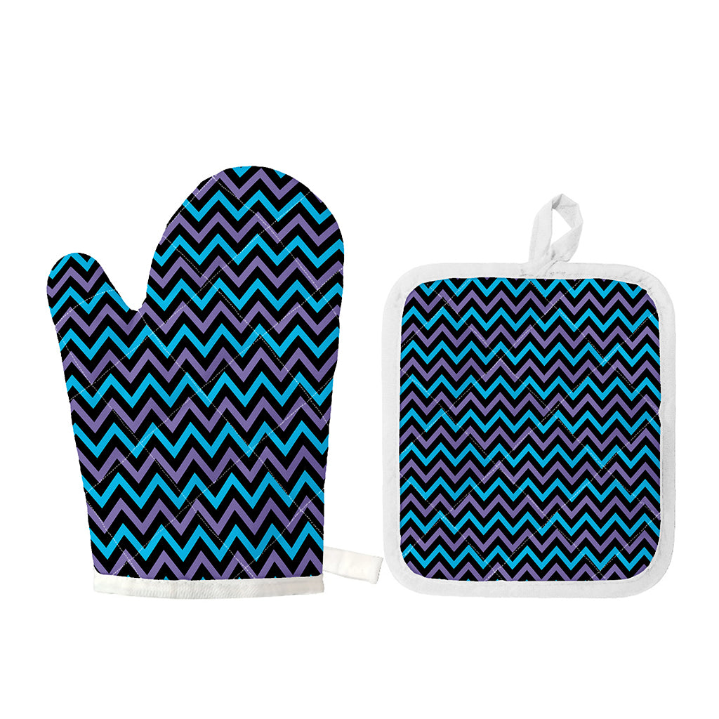 Blue Purple And Black Chevron Print Oven Mitt And Pot Holder Set
