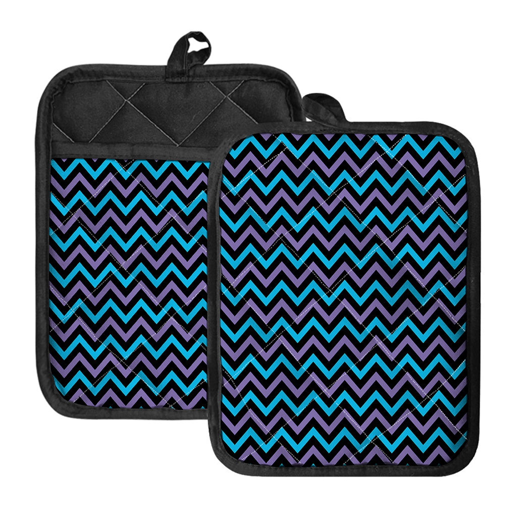 Blue Purple And Black Chevron Print Pot Holders With Pocket