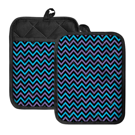 Blue Purple And Black Chevron Print Pot Holders With Pocket