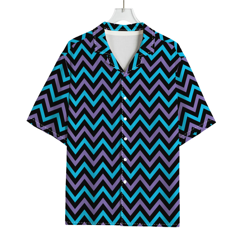 Blue Purple And Black Chevron Print Rayon Hawaiian Shirt
