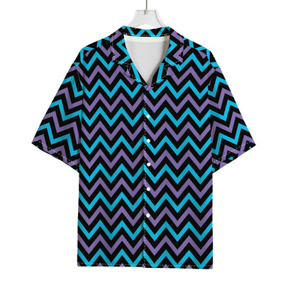 Blue Purple And Black Chevron Print Rayon Hawaiian Shirt