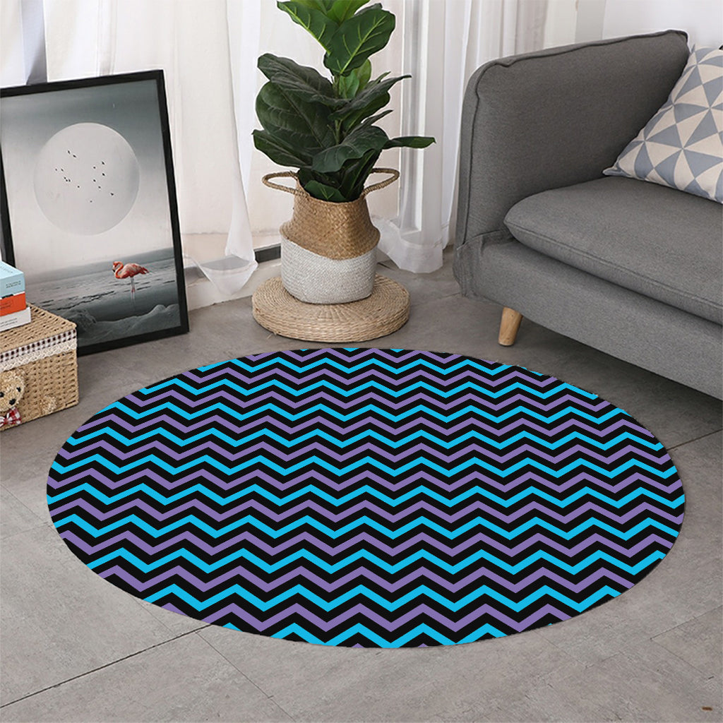 Blue Purple And Black Chevron Print Round Rug