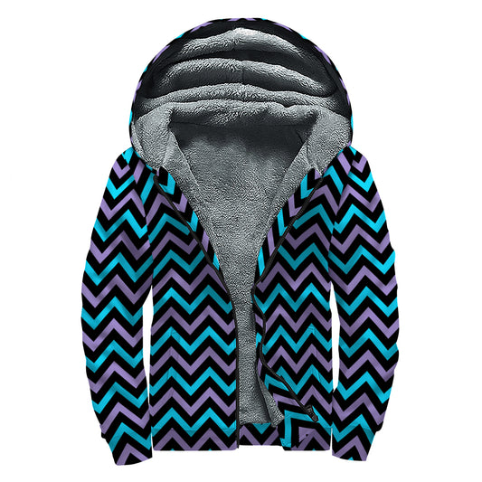 Blue Purple And Black Chevron Print Sherpa Lined Zip Up Hoodie