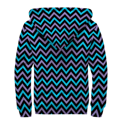 Blue Purple And Black Chevron Print Sherpa Lined Zip Up Hoodie