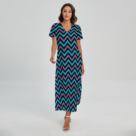 Blue Purple And Black Chevron Print Short Sleeve Maxi Dress