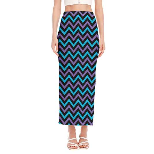 Blue Purple And Black Chevron Print Side Slit Maxi Skirt