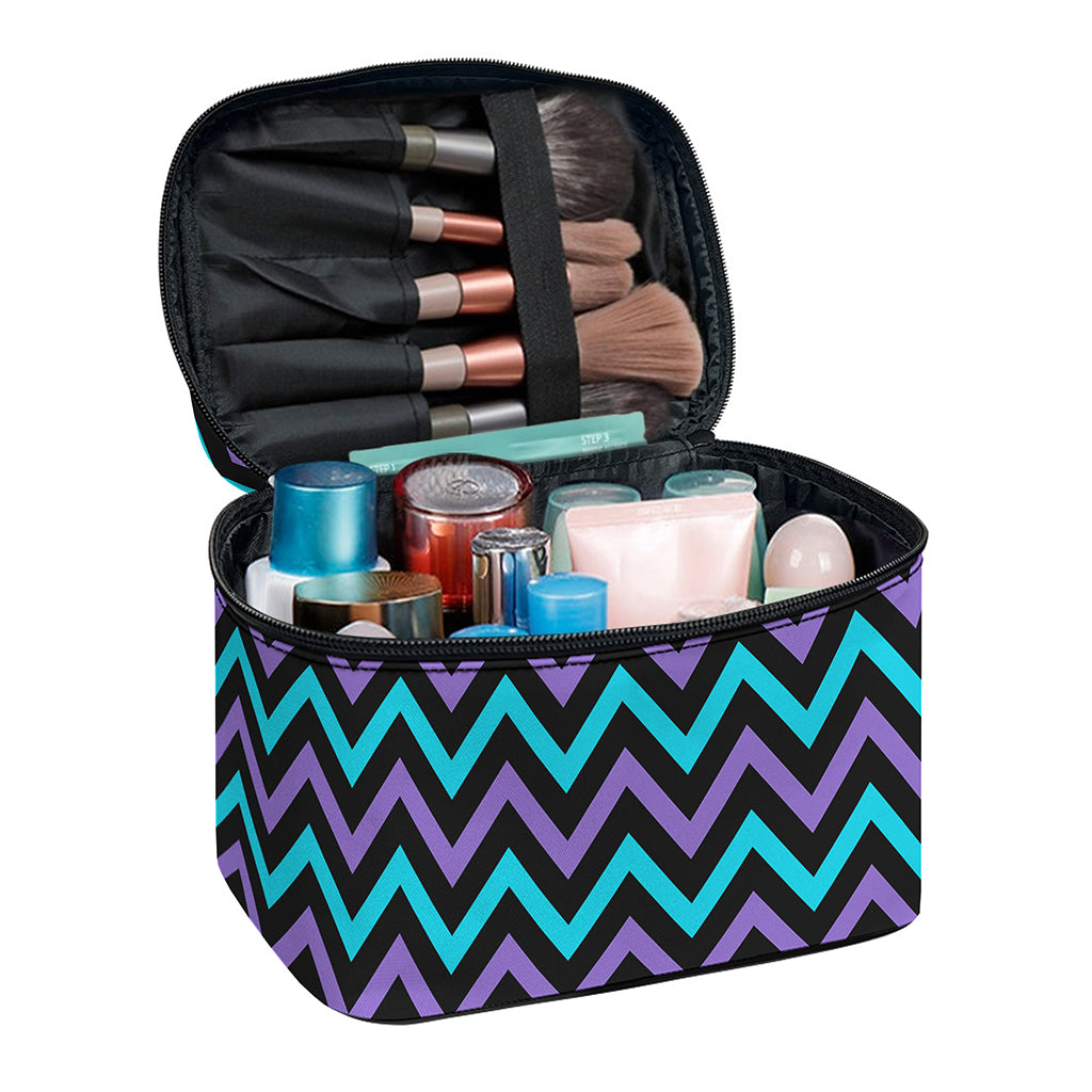 Blue Purple And Black Chevron Print Travel Makeup Bag