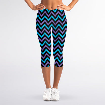 Blue Purple And Black Chevron Print Women's Capri Leggings