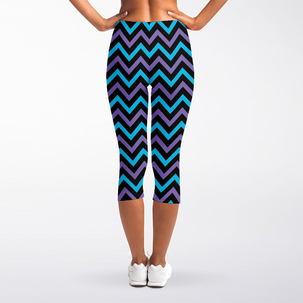 Blue Purple And Black Chevron Print Women's Capri Leggings
