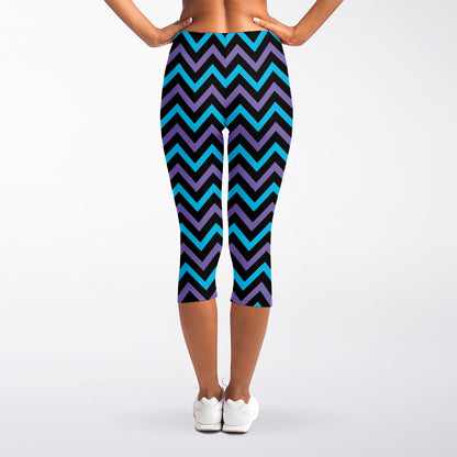 Blue Purple And Black Chevron Print Women's Capri Leggings