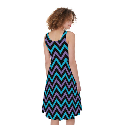 Blue Purple And Black Chevron Print Women's Sleeveless Dress