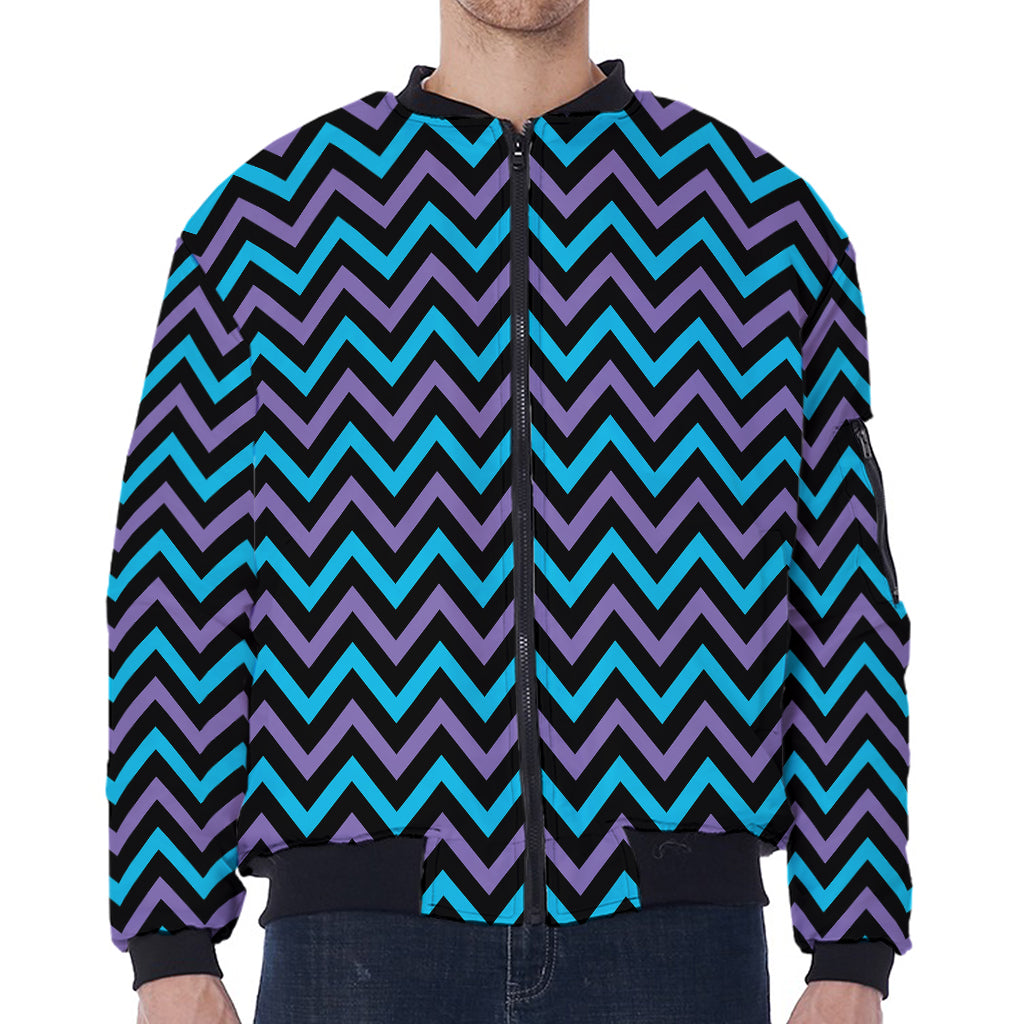 Blue Purple And Black Chevron Print Zip Sleeve Bomber Jacket