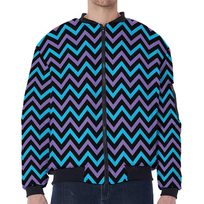Blue Purple And Black Chevron Print Zip Sleeve Bomber Jacket