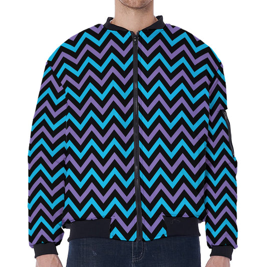 Blue Purple And Black Chevron Print Zip Sleeve Bomber Jacket