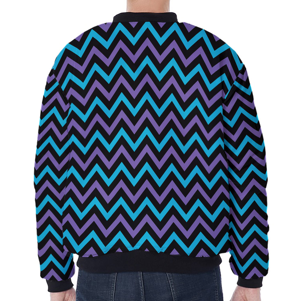 Blue Purple And Black Chevron Print Zip Sleeve Bomber Jacket