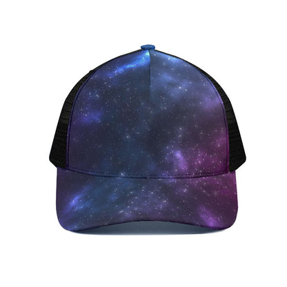 Blue Purple Cosmic Galaxy Space Print Black Mesh Trucker Cap