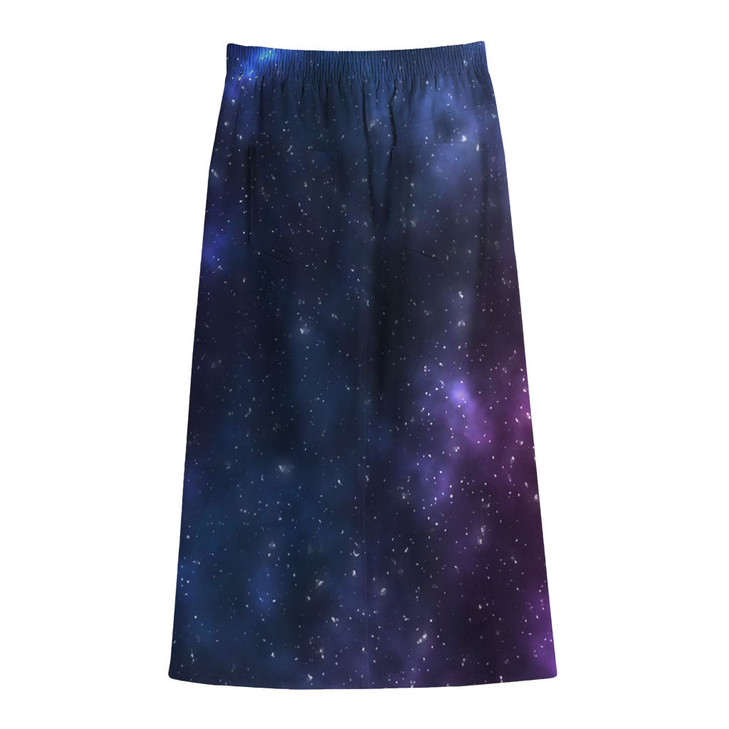 Blue Purple Cosmic Galaxy Space Print Cotton Front Slit Maxi Skirt