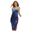 Blue Purple Cosmic Galaxy Space Print Cross Back Cami Dress