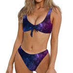 Blue Purple Cosmic Galaxy Space Print Front Bow Tie Bikini