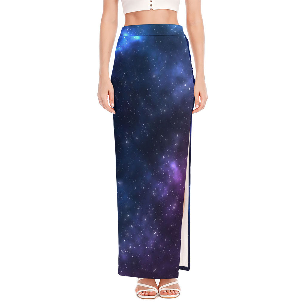 Blue Purple Cosmic Galaxy Space Print High Slit Maxi Skirt