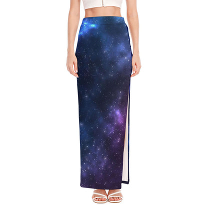 Blue Purple Cosmic Galaxy Space Print High Slit Maxi Skirt