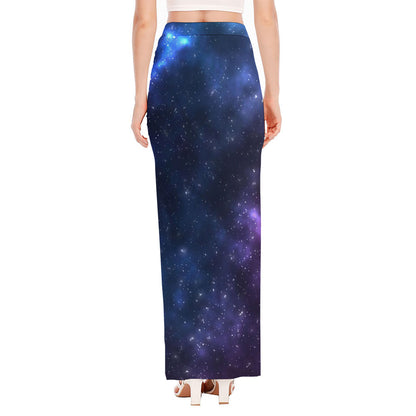 Blue Purple Cosmic Galaxy Space Print High Slit Maxi Skirt