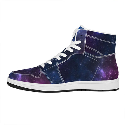 Blue Purple Cosmic Galaxy Space Print High Top Leather Sneakers