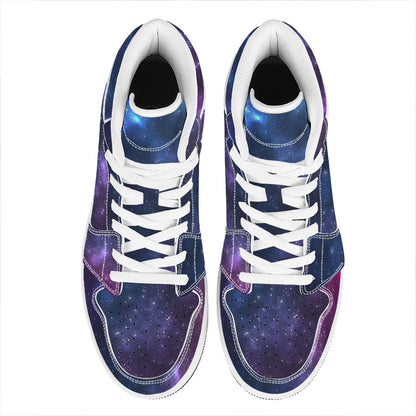 Blue Purple Cosmic Galaxy Space Print High Top Leather Sneakers