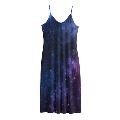 Blue Purple Cosmic Galaxy Space Print Jersey Midi Cami Dress