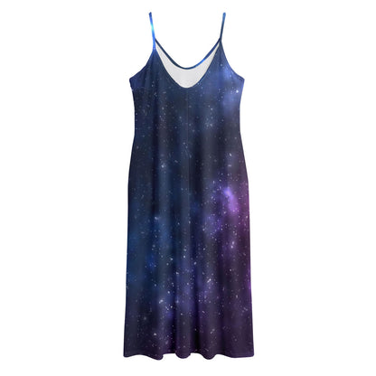 Blue Purple Cosmic Galaxy Space Print Jersey Midi Cami Dress