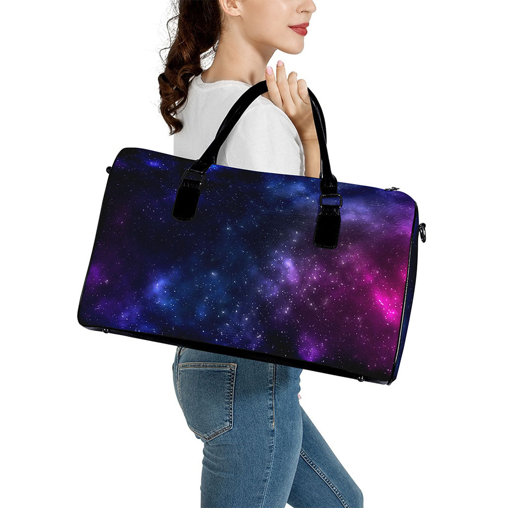 Blue Purple Cosmic Galaxy Space Print Leather Duffle Bag