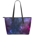 Blue Purple Cosmic Galaxy Space Print Leather Tote Bag With Zipper