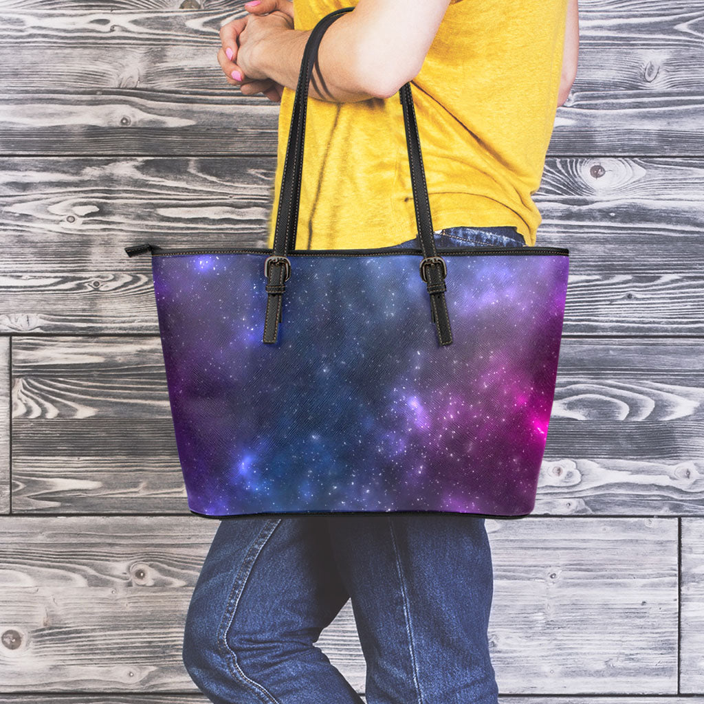 Blue Purple Cosmic Galaxy Space Print Leather Tote Bag