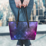 Blue Purple Cosmic Galaxy Space Print Leather Tote Bag
