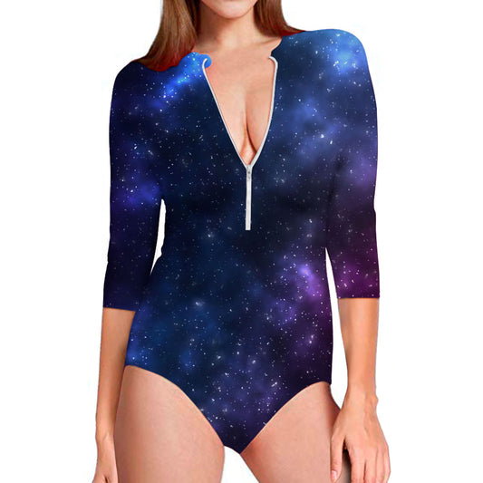 Blue Purple Cosmic Galaxy Space Print Long Sleeve Swimsuit