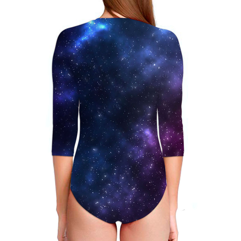 Blue Purple Cosmic Galaxy Space Print Long Sleeve Swimsuit