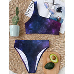Blue Purple Cosmic Galaxy Space Print One Shoulder Bikini Top