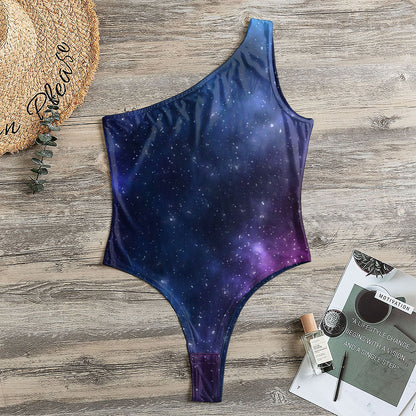 Blue Purple Cosmic Galaxy Space Print One Shoulder Bodysuit