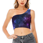 Blue Purple Cosmic Galaxy Space Print One Shoulder Crop Top